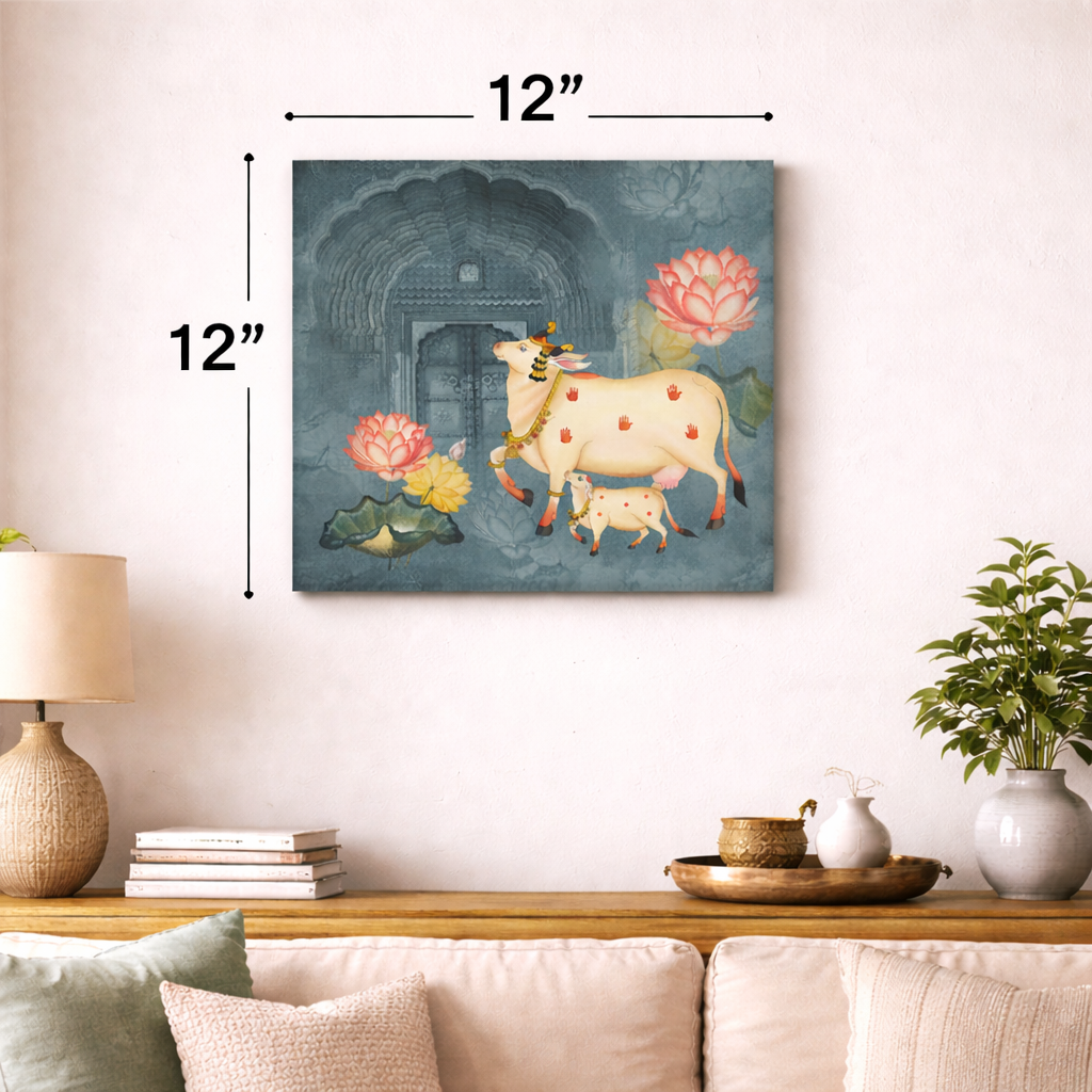 Decorative wall art of a cow and calf with flowers in a living room setting. small canvas painting
