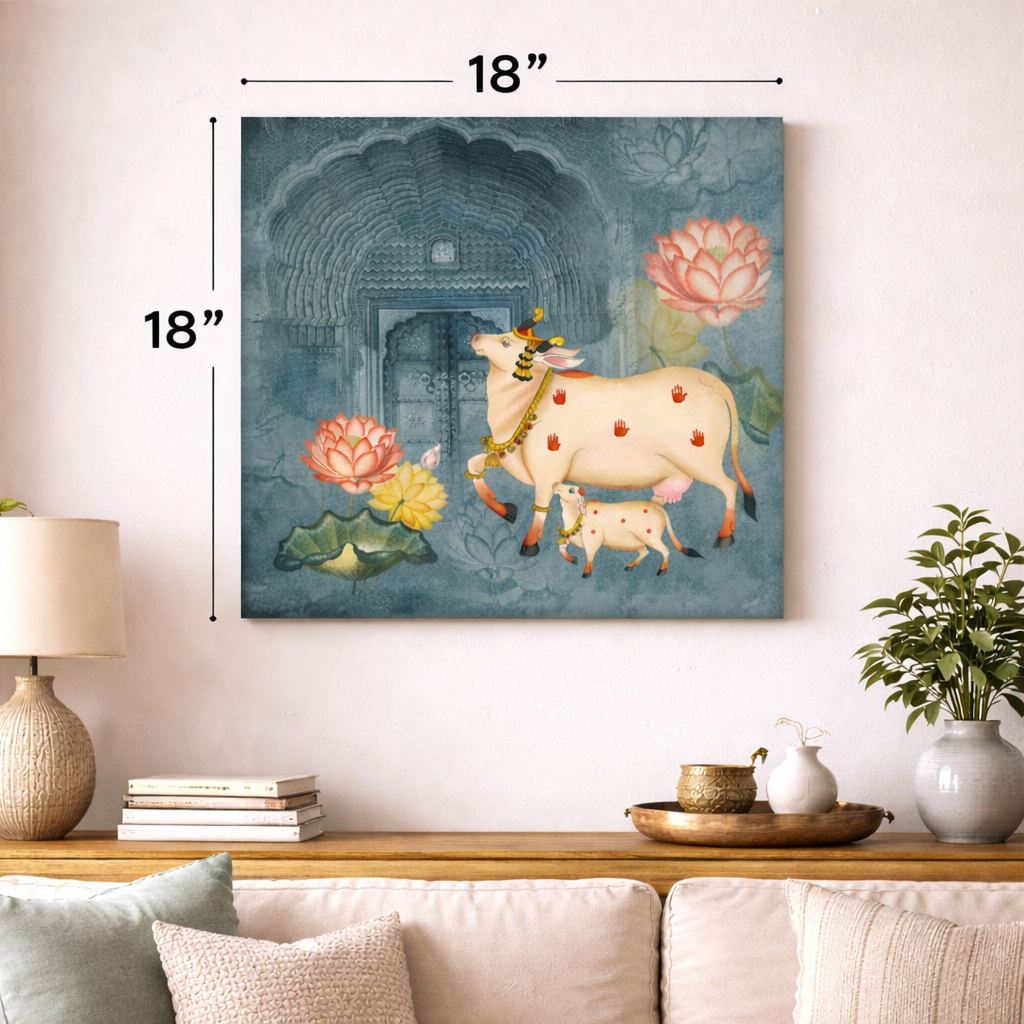 Decorative painting of a cow and calf with flowers on a wall in a living room.