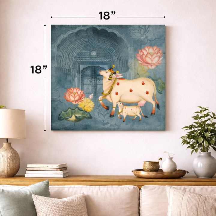 Decorative painting of a cow and calf with flowers on a wall in a living room.