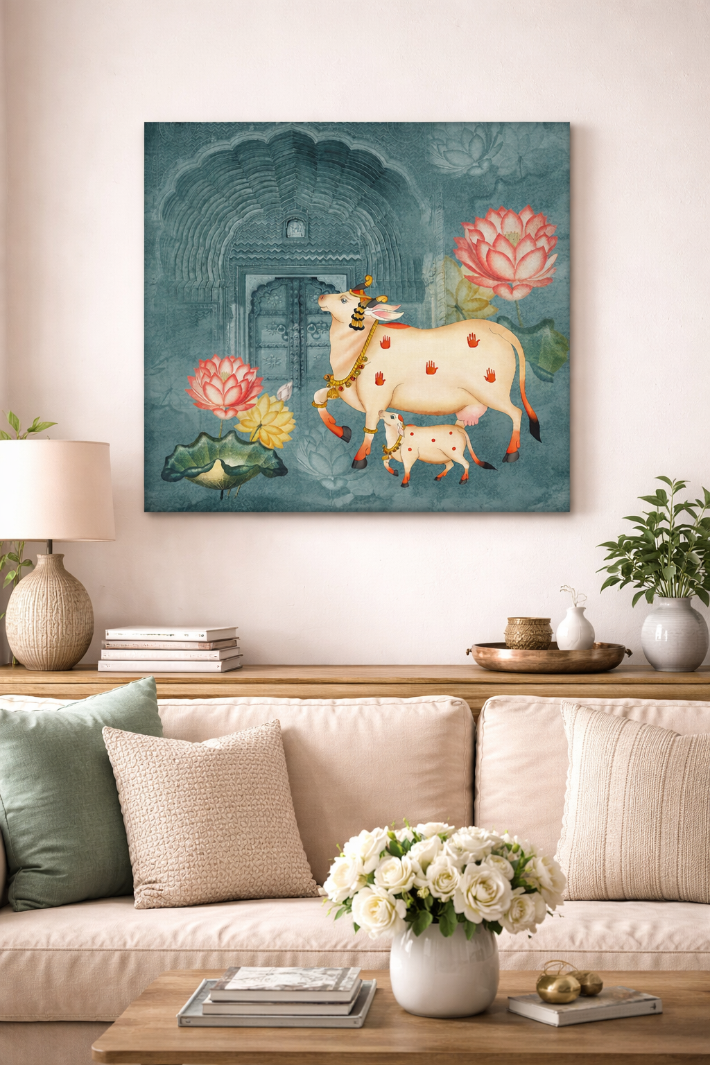Decorative painting of a cow and calf on a wall above a beige sofa with decorative pillows and a coffee table.