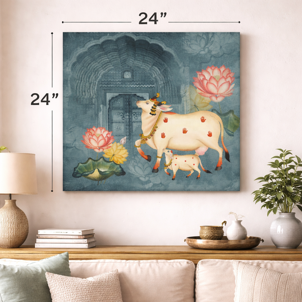 Decorative painting of a cow and calf with flowers on a wall above a sofa. for living room