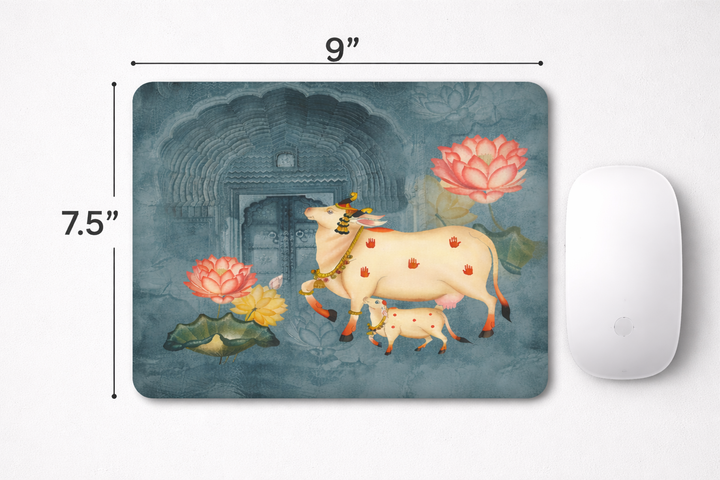 Mouse pad with cow and calf design, dimensions indicated, on a white background